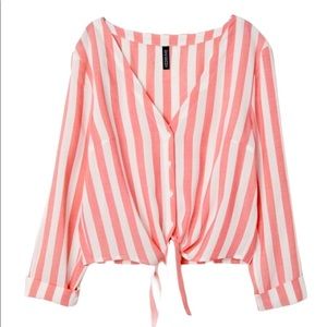 H & M Divided Tie-Front Red Striped Blouse US 8